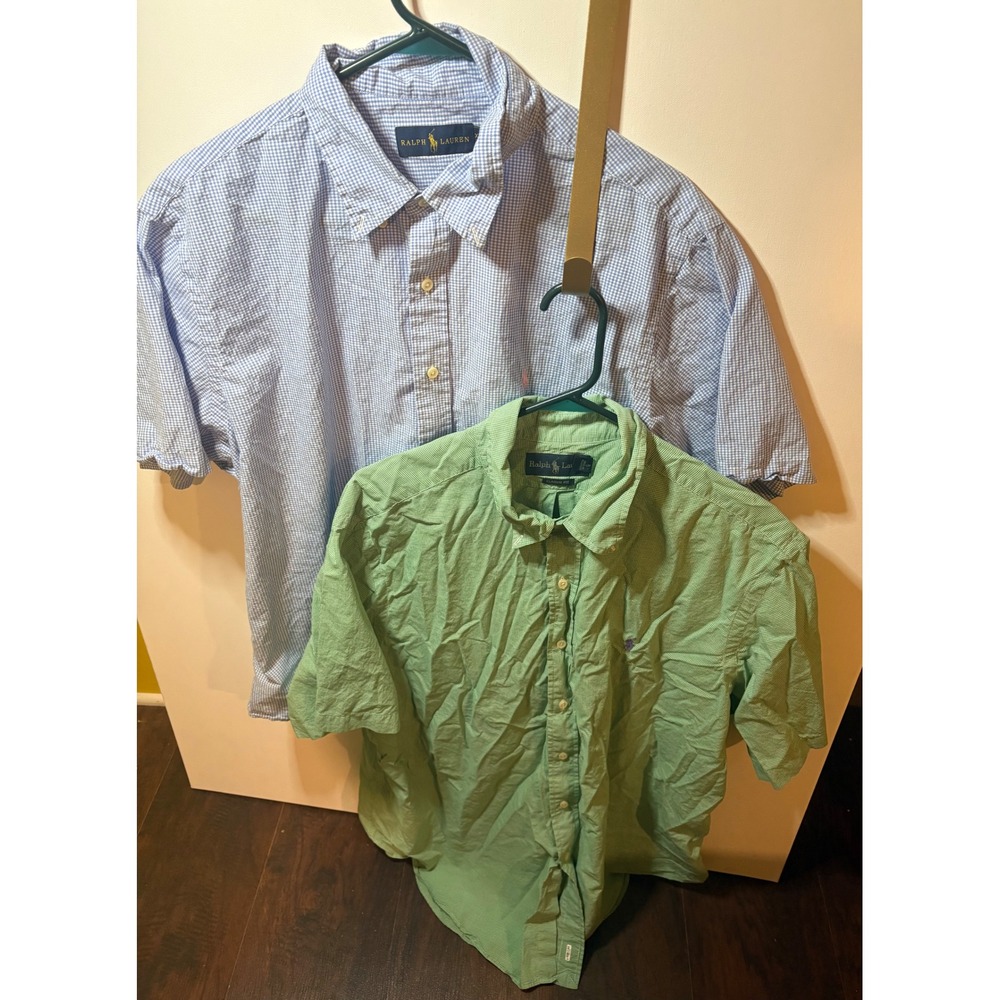 Lot of 2 Ralph Lauren Mens XXL Button Down Shirts Short Sleeve Blue Green Plaid